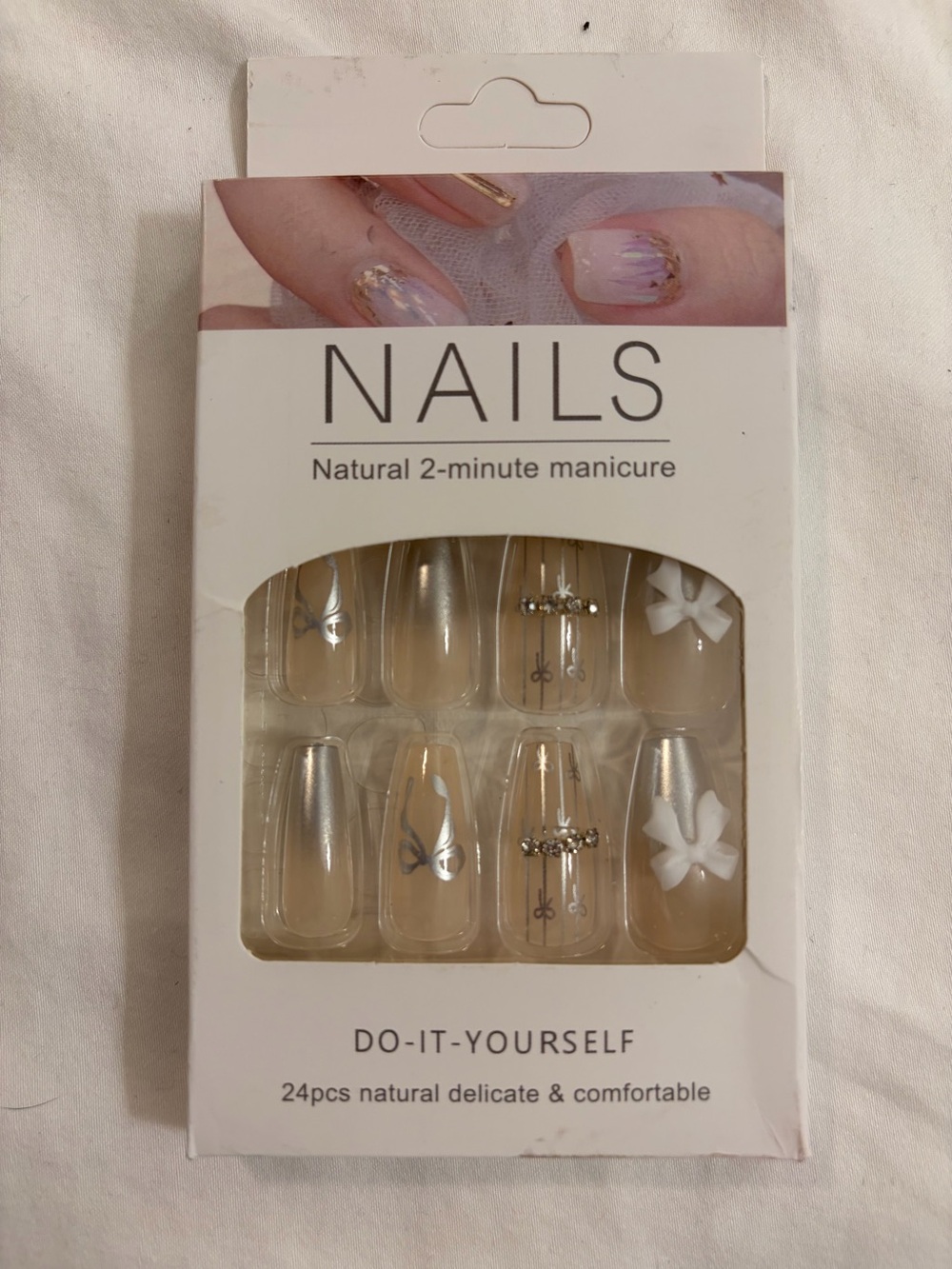 24-Piece Press-On Nails Nude Silver Butterfly Bow Rhinestone Set